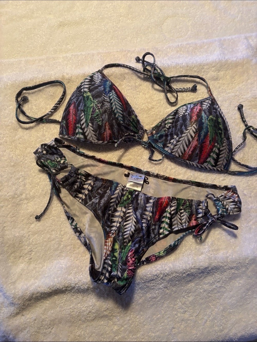 Vintage Body Glove Feather-Print String Bikini - Black, Red, Green, Blue NWOT